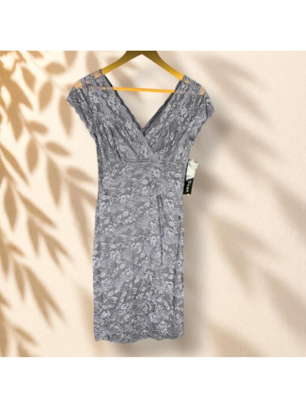 New Blu Sage Dress Women 4 Gray Floral Crochet Sheath Midi V-Neck Short Sleeve